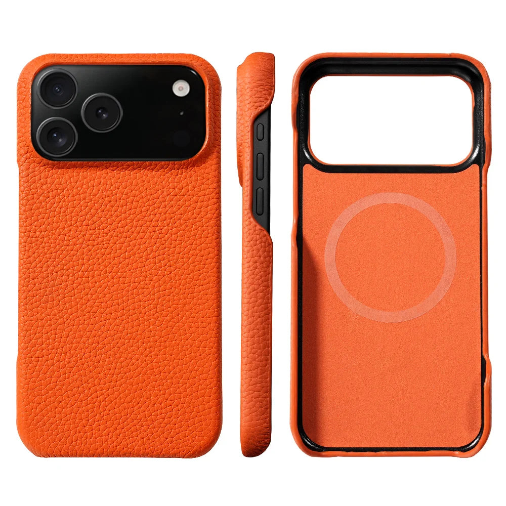 Phone Case for iPhone 17 Air 15 16 Pro Max 17Pro Lychee Natural Cowhide Leather Magnetic Magsafe Protector Luxury Phone Back Cover