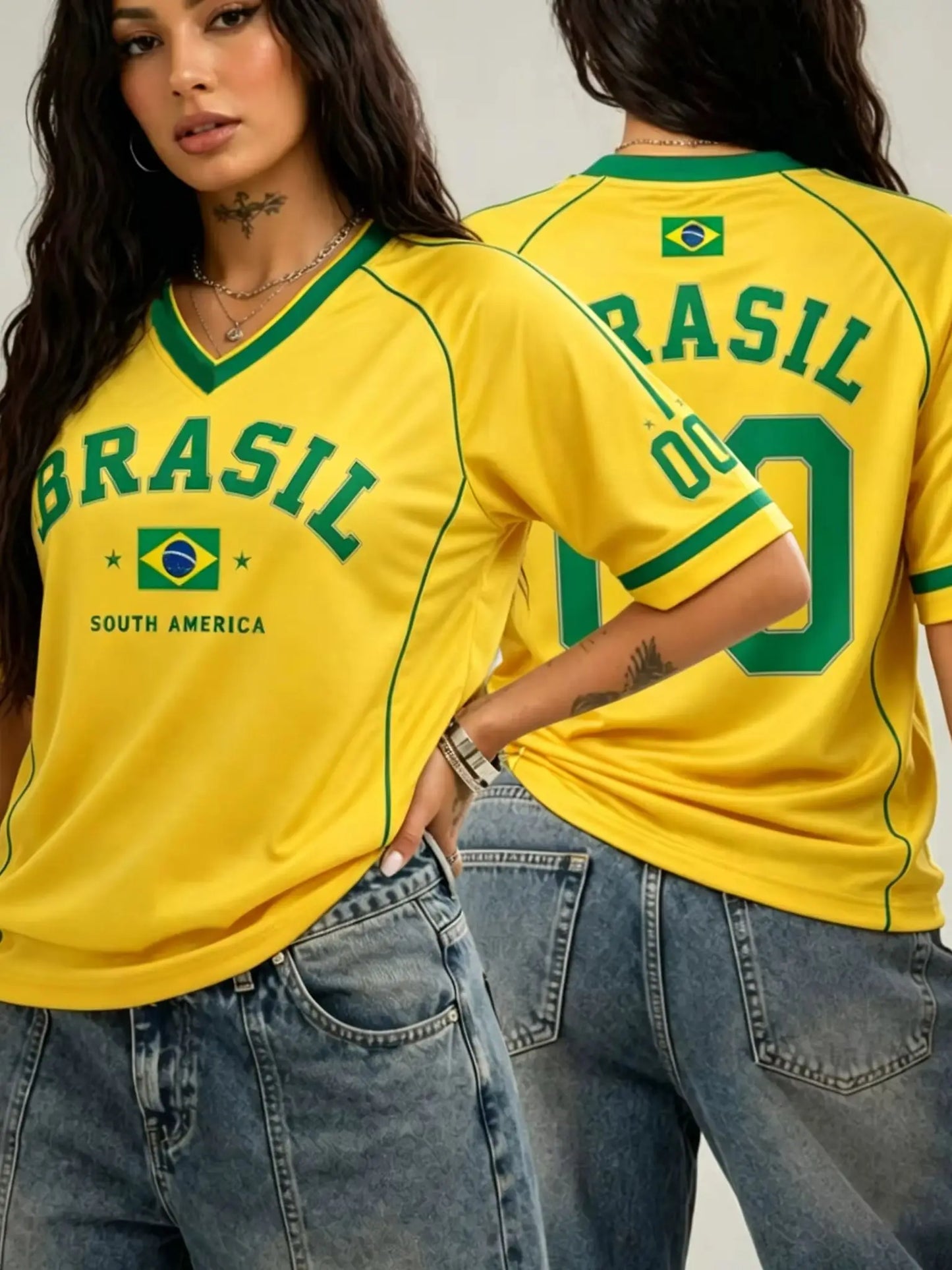 Women's Brazil Print V-Neck Short Sleeve
