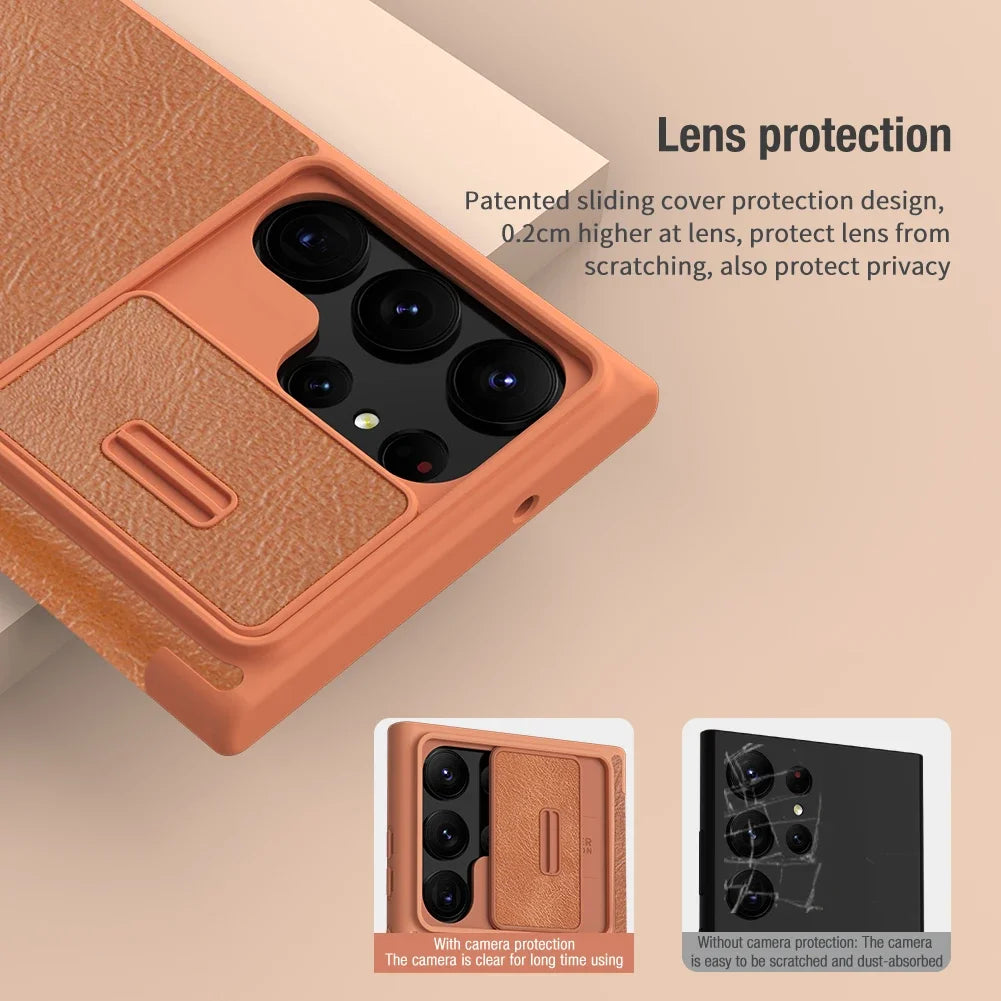 Nillkin for Samsung Galaxy S23 Ultra S23+ Qin Series Pro Flip Leather Case Business Lens Sliding Cover with Card Slot Back Cover