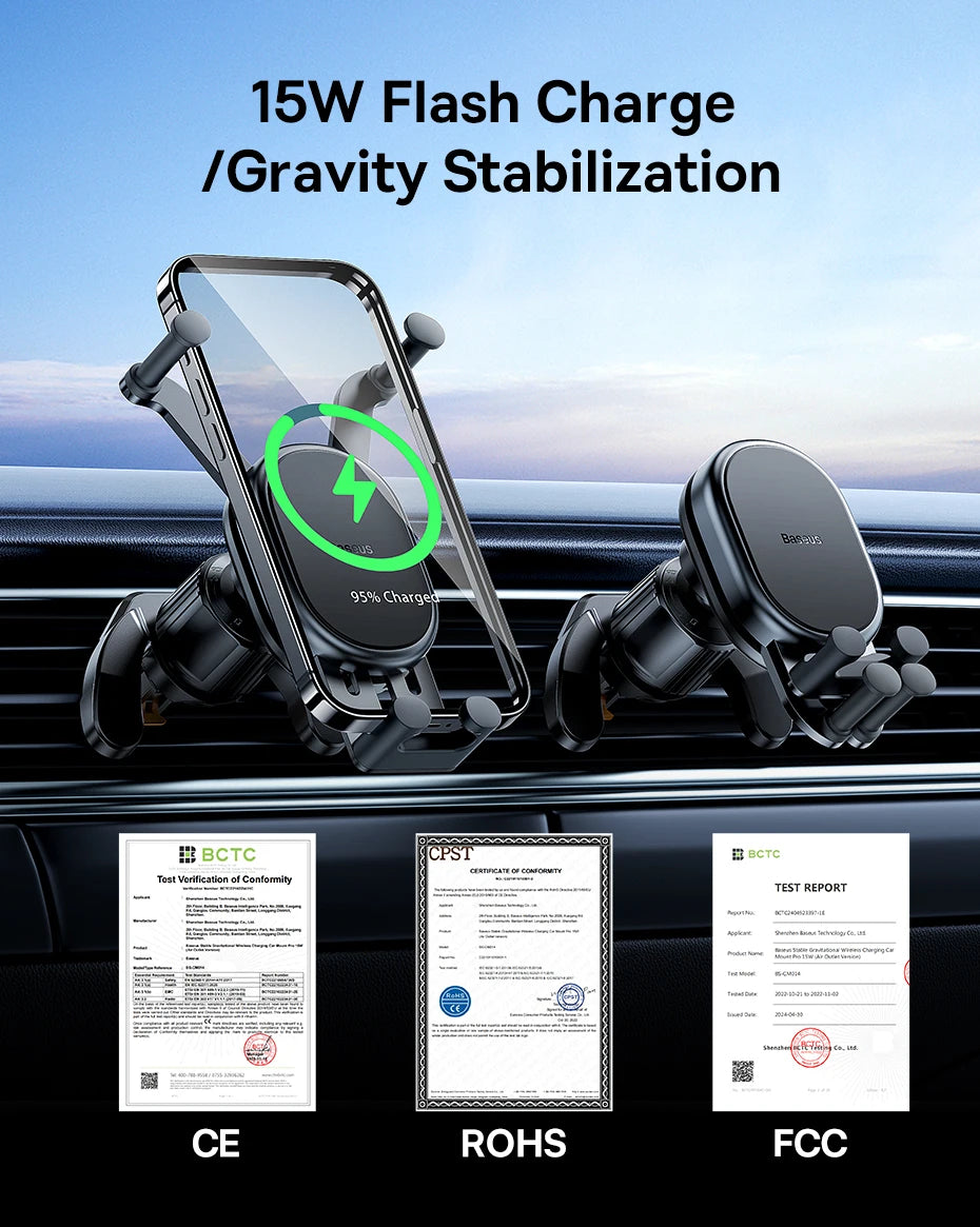Baseus 15W Car Phone Holder Wireless Charging Stand Air Vent Gravity Telephone Mount for iPhone 14 Samsung Xiaomi Mobile Support