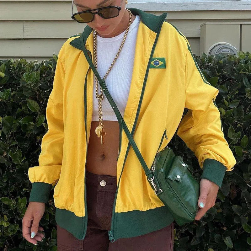 Brasil Flag Jacket Y2k Retro Fashion Zipper Sweater