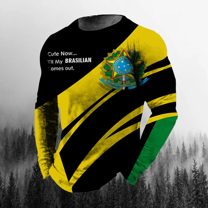 Vintage Brazilian Flag 3D Print Autumn Men's O-Neck T-shirt Casual Long Sleeve Oversized