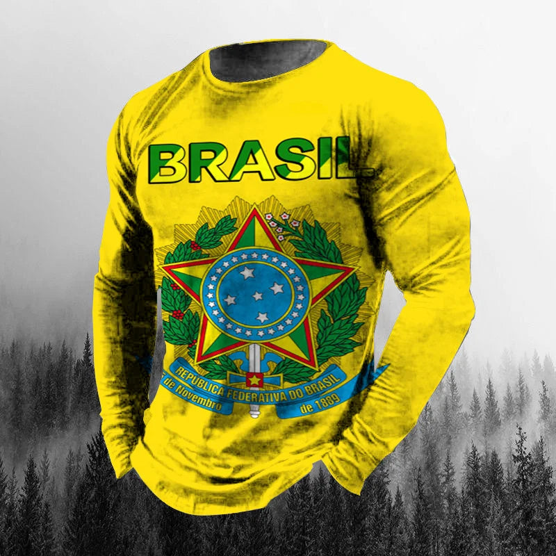 Vintage Brazilian Flag 3D Print Autumn Men's O-Neck T-shirt Casual Long Sleeve Oversized