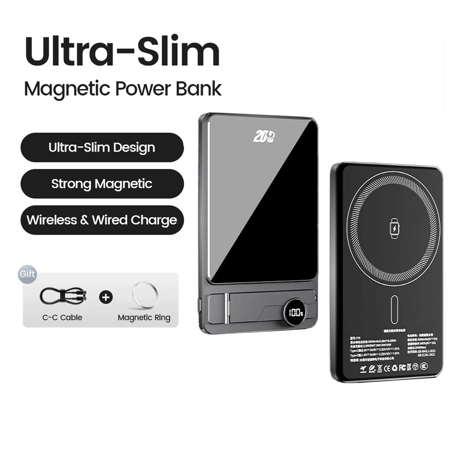 10000mAh Ultra Slim Power Bank for MagSafe,Magnetic Wireless 20W Fast Charging Portable Battery