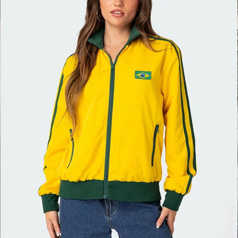 Brasil Flag Jacket Y2k Retro Fashion Zipper Sweater