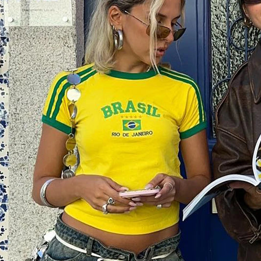 Summer T-shirt For Women Brazil Letter Aesthetic 90's Crop Tops Casual Short Sleeve Tee Kpop Streetwear Vintage Y2k Clothes