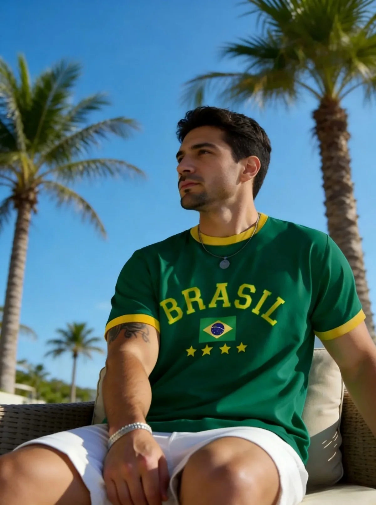 European and American men's summer Brazilian striped letter print soft and breathable round neck T-shirt outdoor casual top