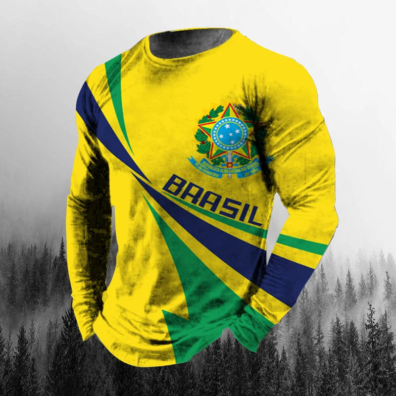 Vintage Brazilian Flag 3D Print Autumn Men's O-Neck T-shirt Casual Long Sleeve Oversized