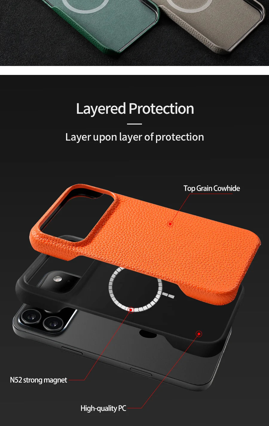 Phone Case for iPhone 17 Air 15 16 Pro Max 17Pro Lychee Natural Cowhide Leather Magnetic Magsafe Protector Luxury Phone Back Cover