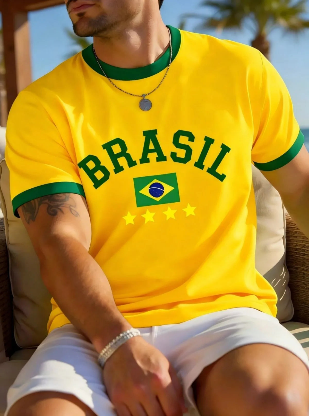 European and American men's summer Brazilian striped letter print soft and breathable round neck T-shirt outdoor casual top