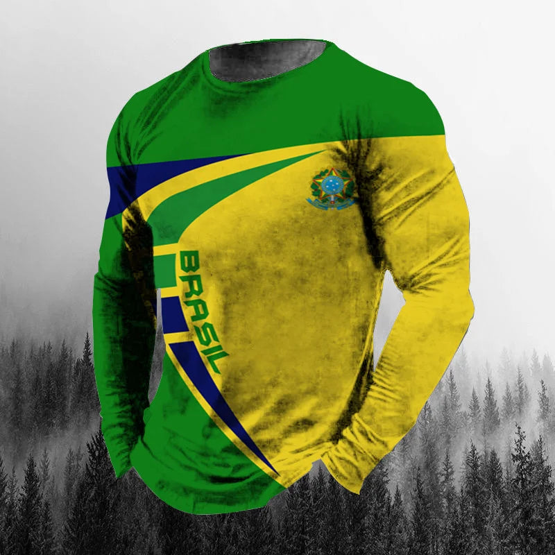 Vintage Brazilian Flag 3D Print Autumn Men's O-Neck T-shirt Casual Long Sleeve Oversized
