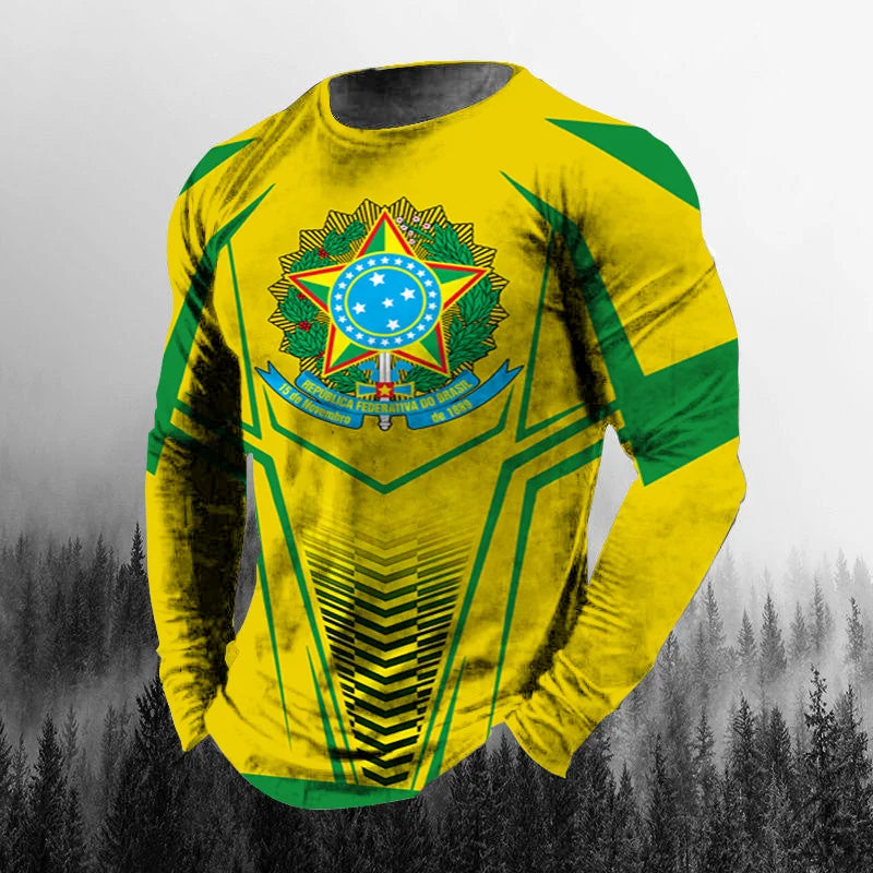 Vintage Brazilian Flag 3D Print Autumn Men's O-Neck T-shirt Casual Long Sleeve Oversized