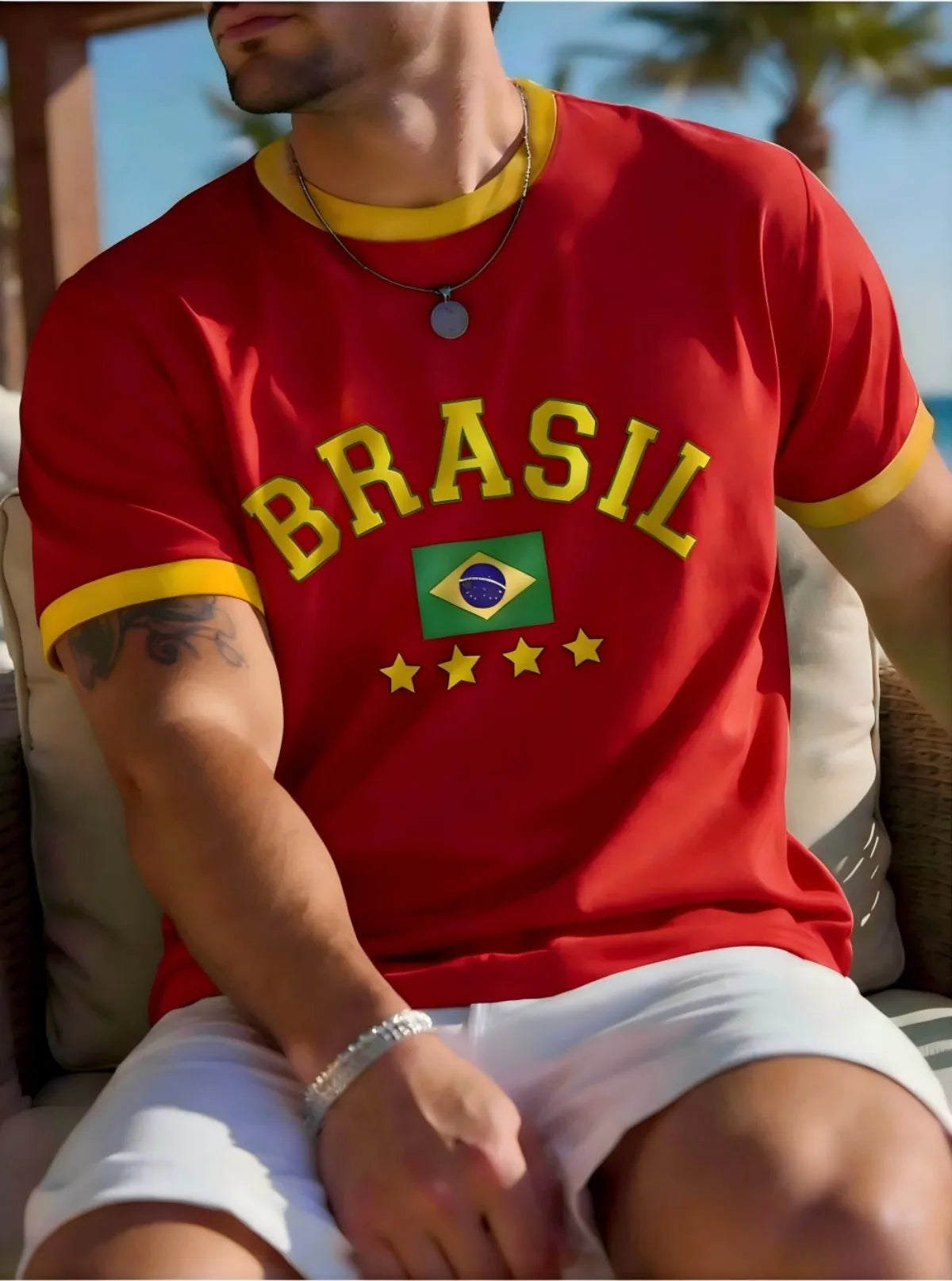 European and American men's summer Brazilian striped letter print soft and breathable round neck T-shirt outdoor casual top