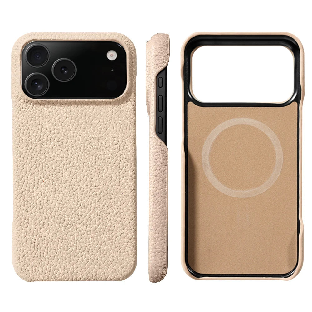 Phone Case for iPhone 17 Air 15 16 Pro Max 17Pro Lychee Natural Cowhide Leather Magnetic Magsafe Protector Luxury Phone Back Cover
