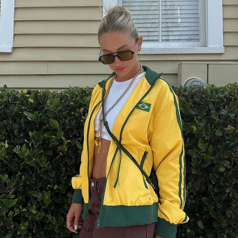 Brasil Flag Jacket Y2k Retro Fashion Zipper Sweater