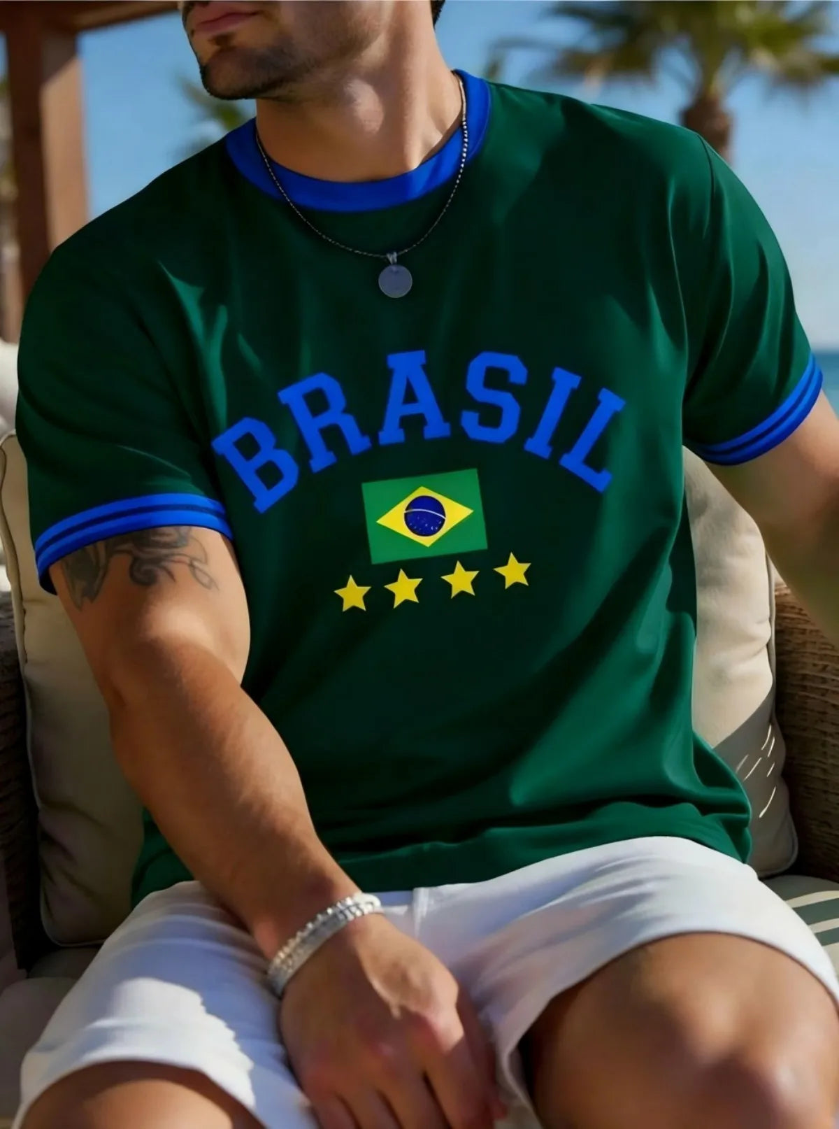 European and American men's summer Brazilian striped letter print soft and breathable round neck T-shirt outdoor casual top
