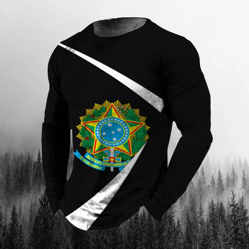 Vintage Brazilian Flag 3D Print Autumn Men's O-Neck T-shirt Casual Long Sleeve Oversized